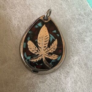 Vintage Inlaid Turquoise and Coral Chip Cannabis Pendant